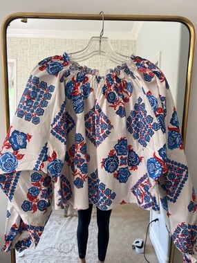 LA DoubleJ White Off-Shoulder Top with Blue & Red Floral Motif